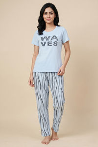 Zivame Wavy Stripes Knit Cotton Pyjama Set - Ice Water — thumbnail 1